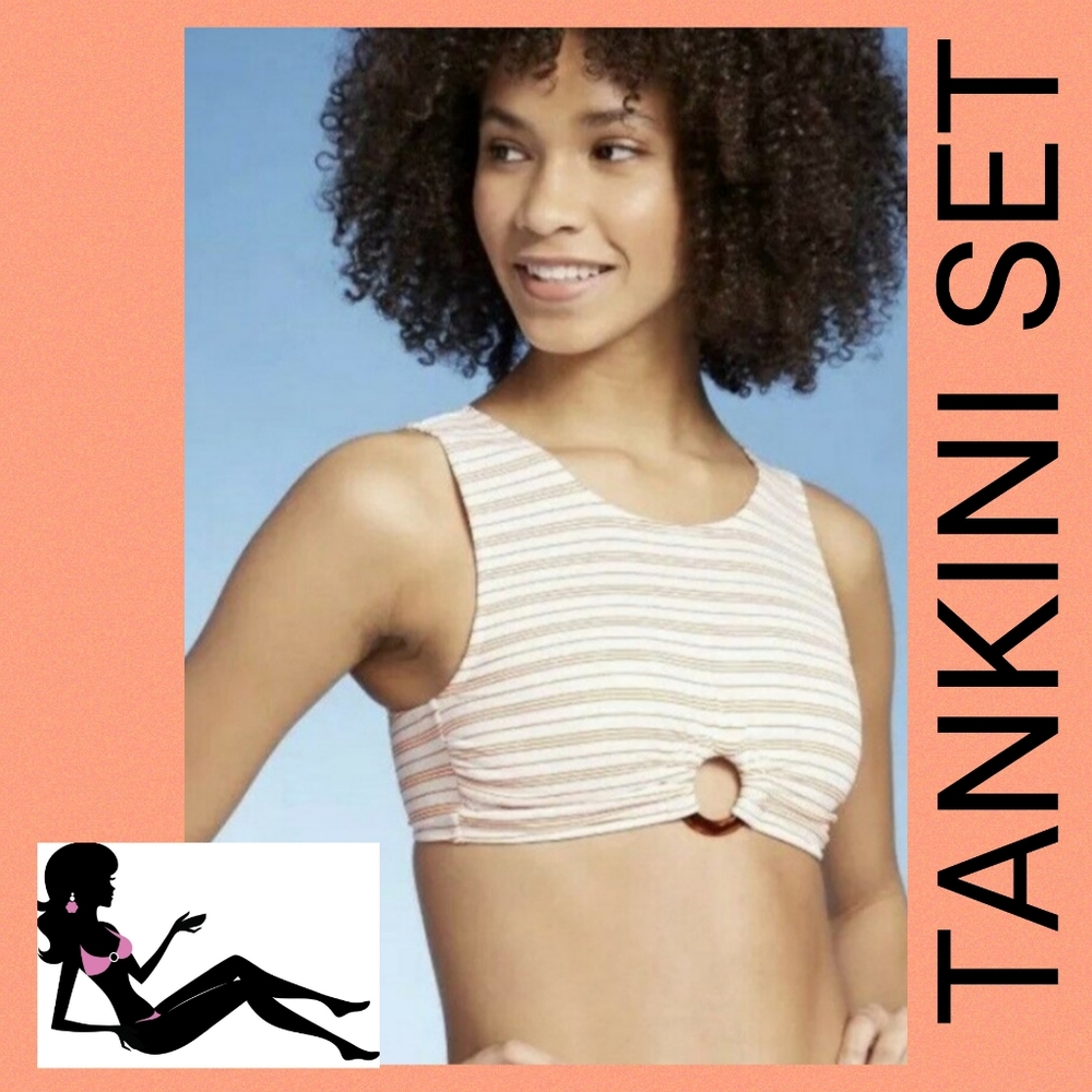 Xhilaration Ring Front Striped Tank Bikini Top & Cheeky Bottom (M) 🆕 NWT